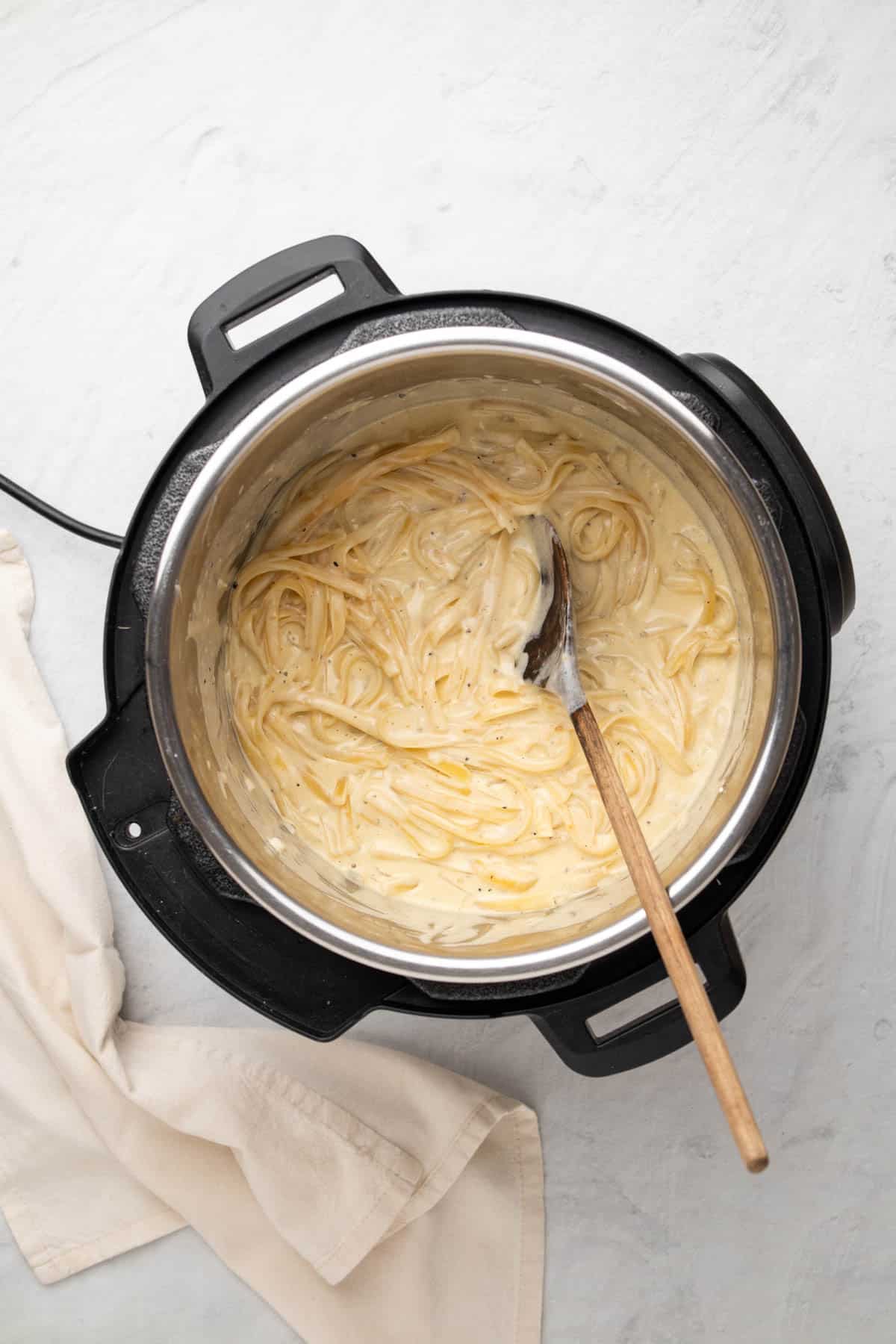 cooked pasta in the instant pot with the sauce 