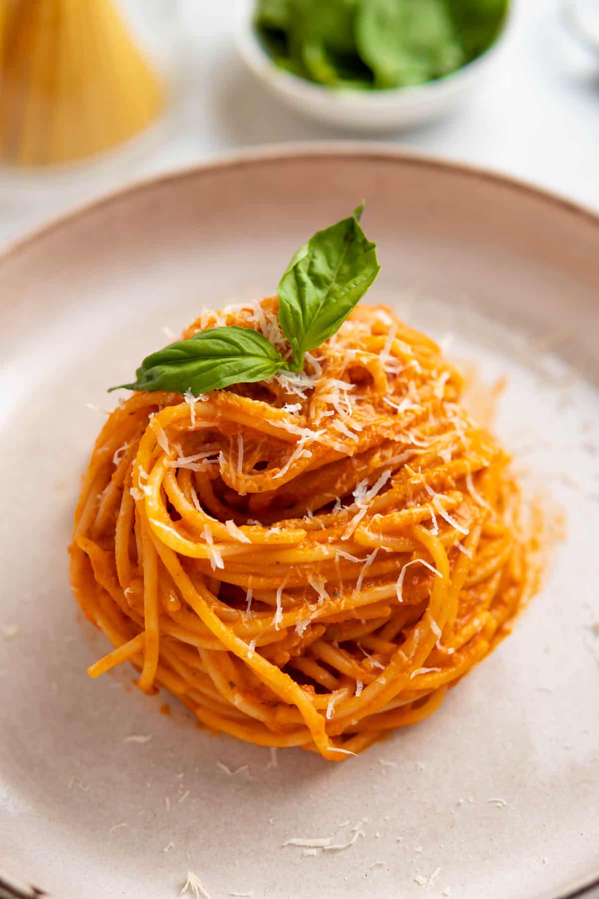 a pile of spaghetti pasta with the cottage cheese sauce served with fresh basil and parmesan cheese 